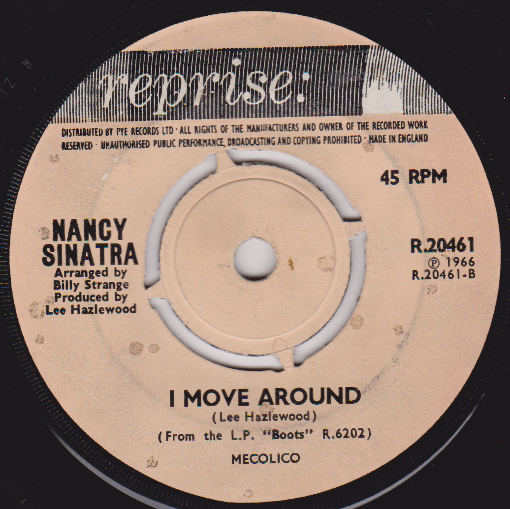 Record label for Nancy Sinatra's 'I Move Around' with 'reprise' branding.