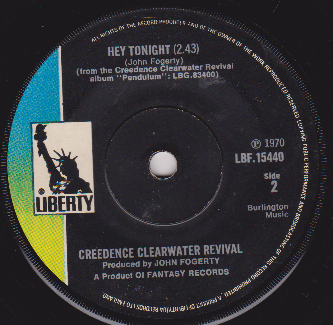 Record label from Creedence Clearwater Revival's 'Hey Tonight' on a black background