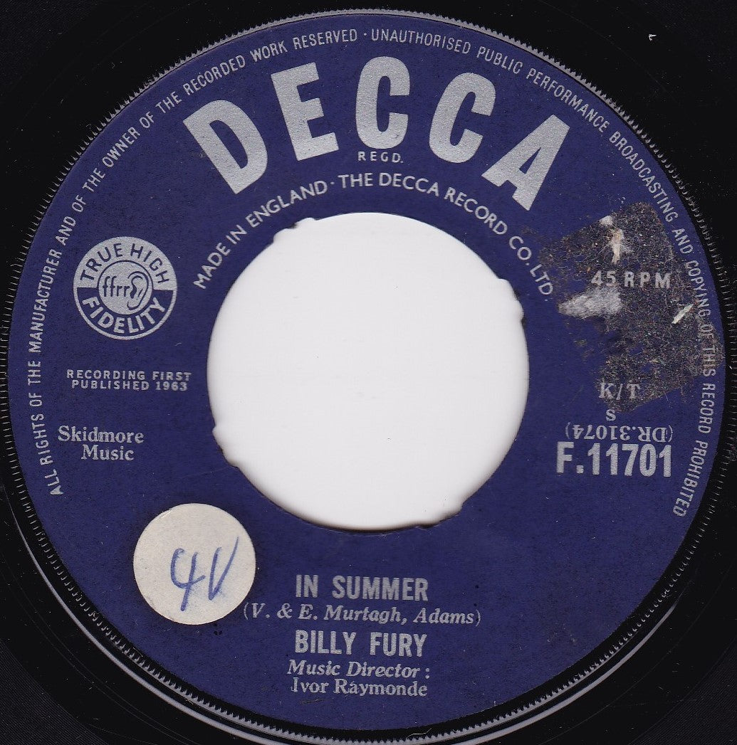 Billy Fury – In Summer (Decca 1963) 7" vinyl single G+/- jukebox centre