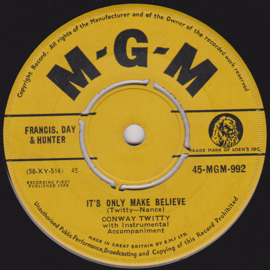 Conway Twitty – It's Only Make Believe (MGM 1958) 7" vinyl single VG/-