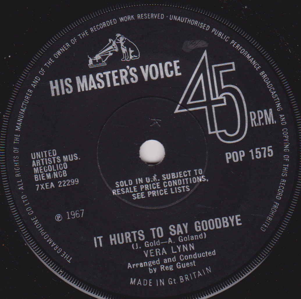 Vera Lynn – It Hurts To Say Goodbye (HMV 1967) 7" vinyl single VG/-