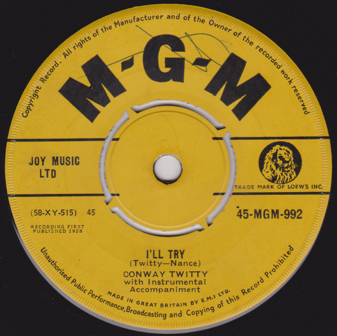 Conway Twitty – It's Only Make Believe (MGM 1958) 7" vinyl single VG/-