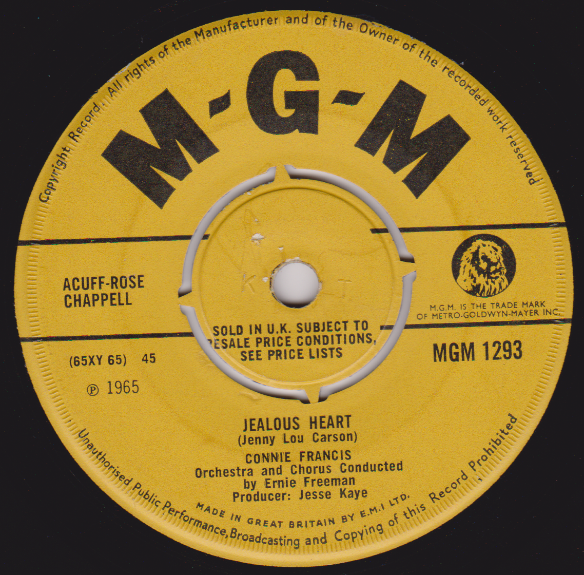 Connie Francis – Jealous Heart (MGM 1965) 7" vinyl single VG/-