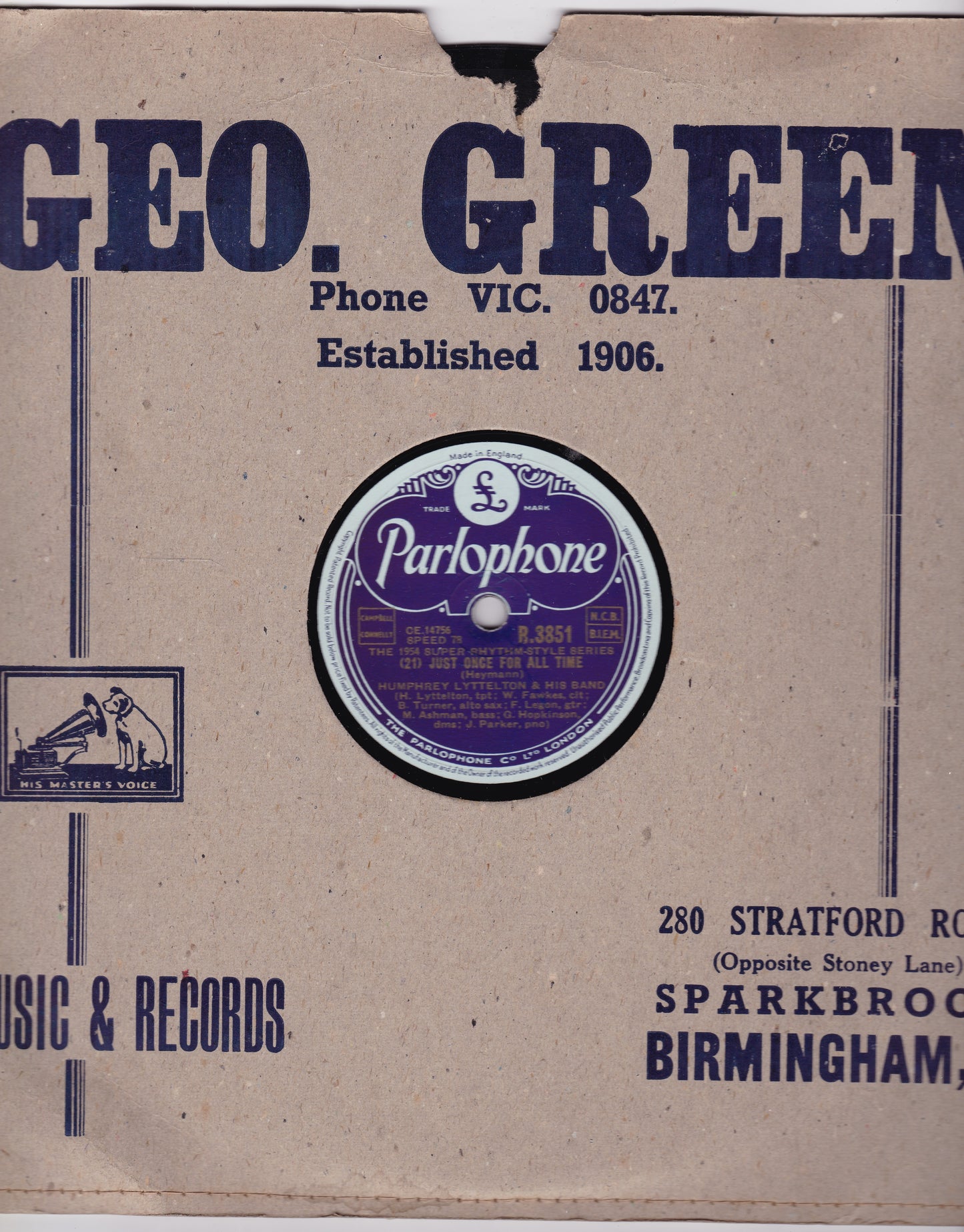 Humphrey Lyttelton & His Band – Just Once For All Time (1954) 10" shellac VG/VG