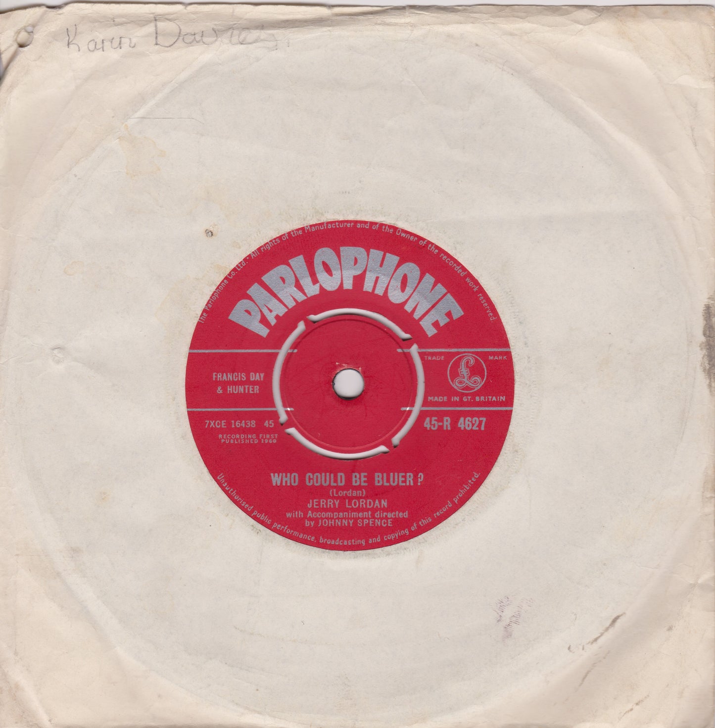 Jerry Lordan - Who Could Be Bluer? (Parlophone 1960) 7" vinyl single VG/-