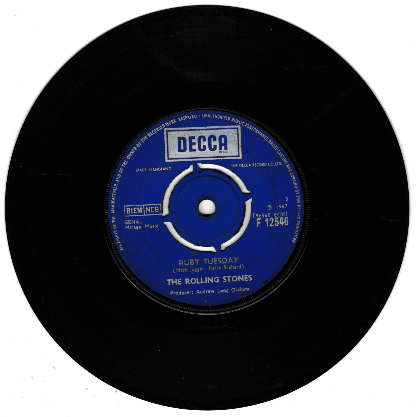 Vinyl record with a blue Decca label featuring 'The Rolling Stones' and 'Ruby Tuesday'.