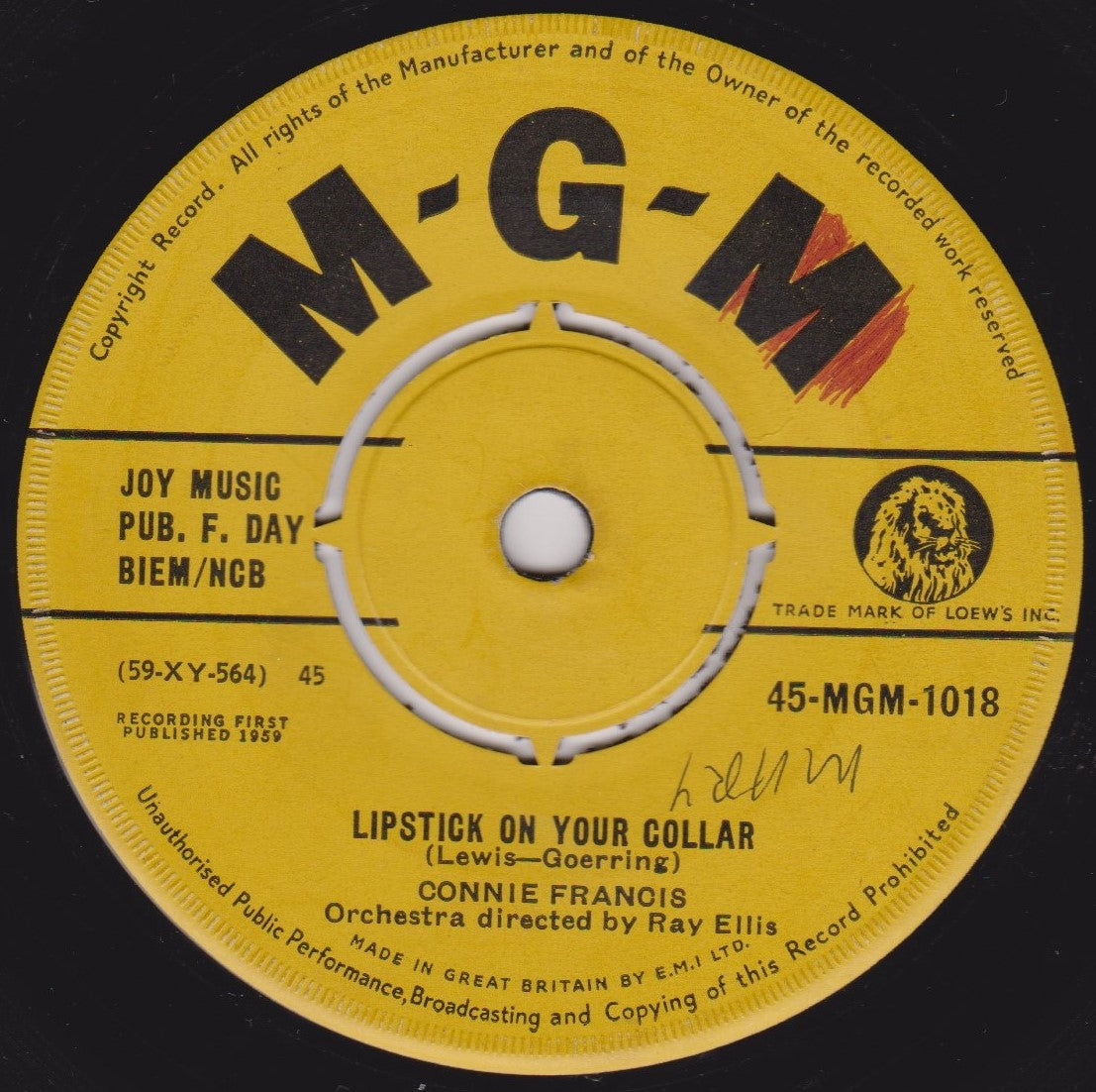 Connie Francis – Lipstick On Your Collar (MGM 1959) 7" vinyl single VG/-