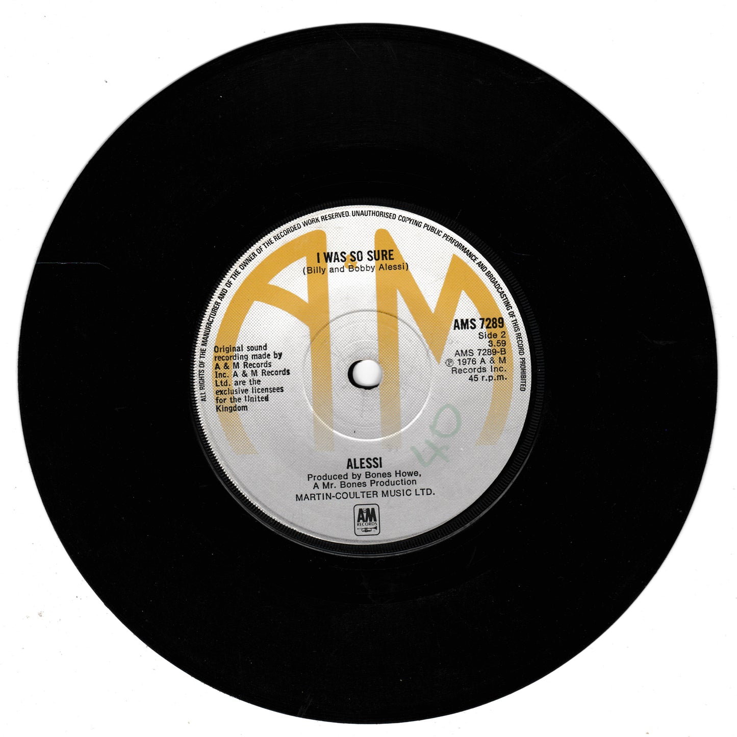 Alessi – Oh, Lori (A&M 1977) 7" vinyl single G+/-