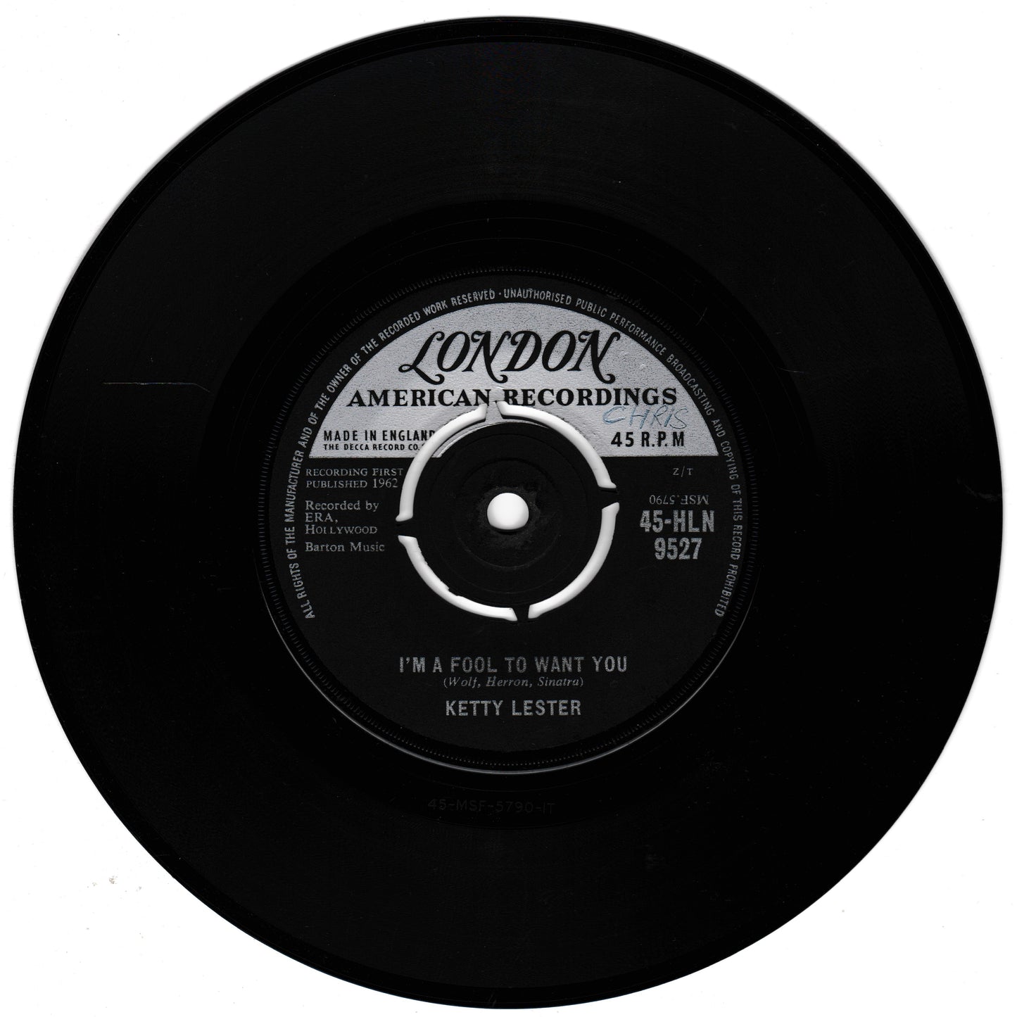 Black vinyl record with 'London American Recordings' label on a white background