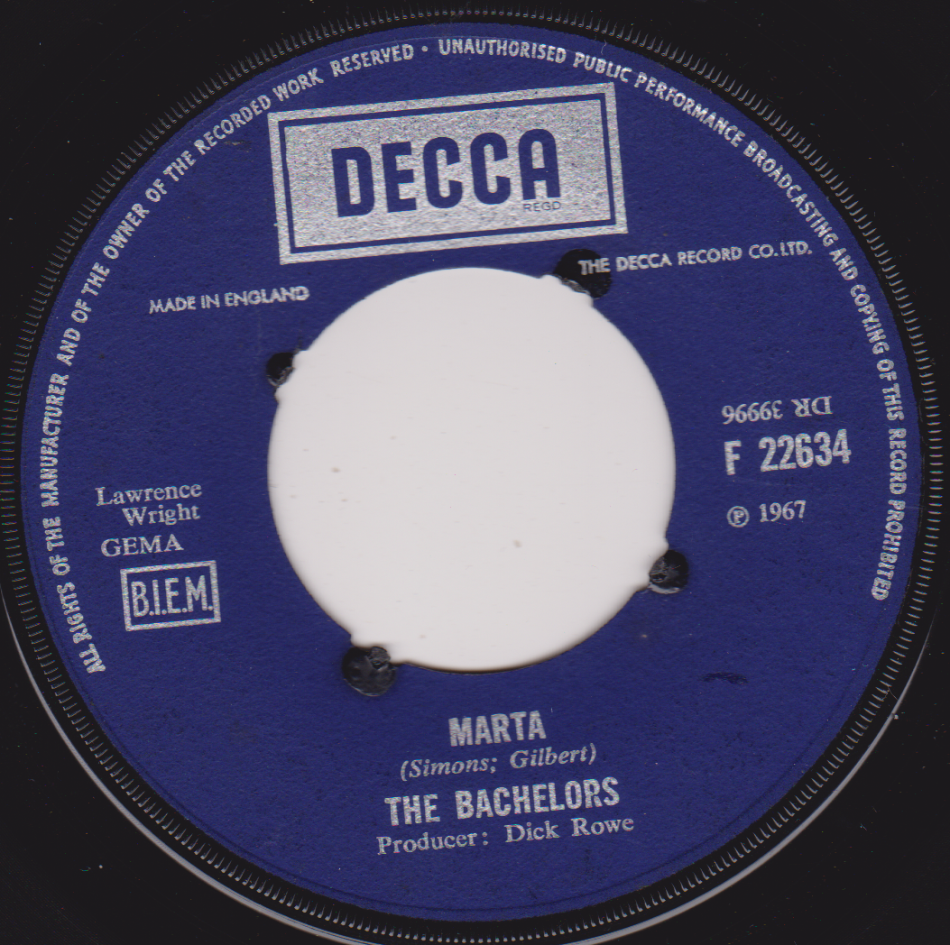 The Bachelors – Marta (Decca, 1967) 7" vinyl single VG/- jukebox centre