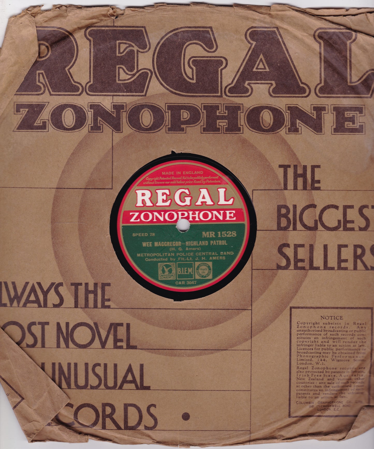 Metropolitan Police Central Band – March Of The Mountain Gnomes 10" shellac VG/F