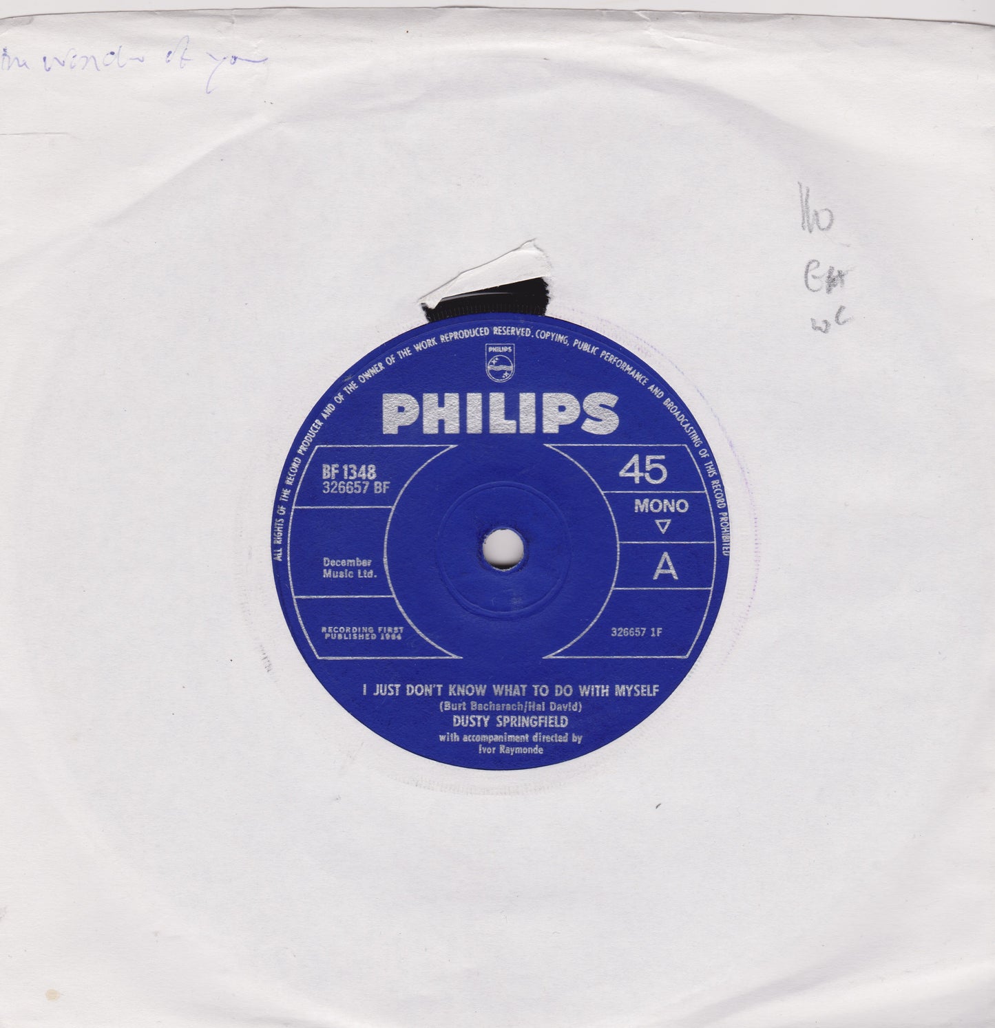 Dusty Springfield – I Just Don't Know What To Do With Myself (Philips 1964) 7" vinyl single VG/-