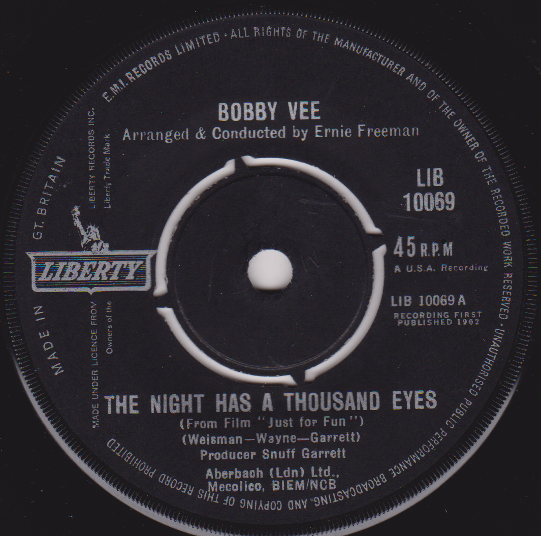 Bobby Vee – The Night Has A Thousand Eyes (London 1963) 7" vinyl single G+/-