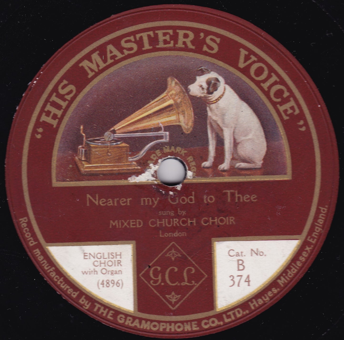 A 10-inch shellac record label for 'His Master's Voice' near the center with a dog's head and a phonograph on the left. The text includes 'Nearer My God To Thee' and the manufacturer's details.