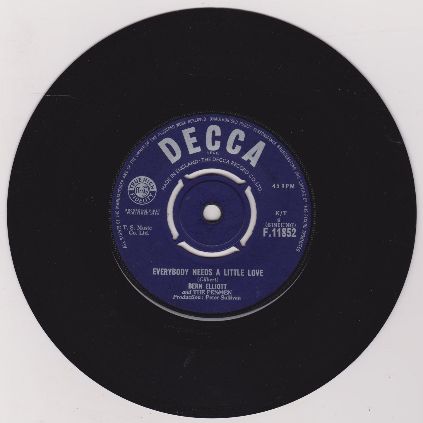 Black vinyl record with a blue label featuring the Decca Records logo on a white background.