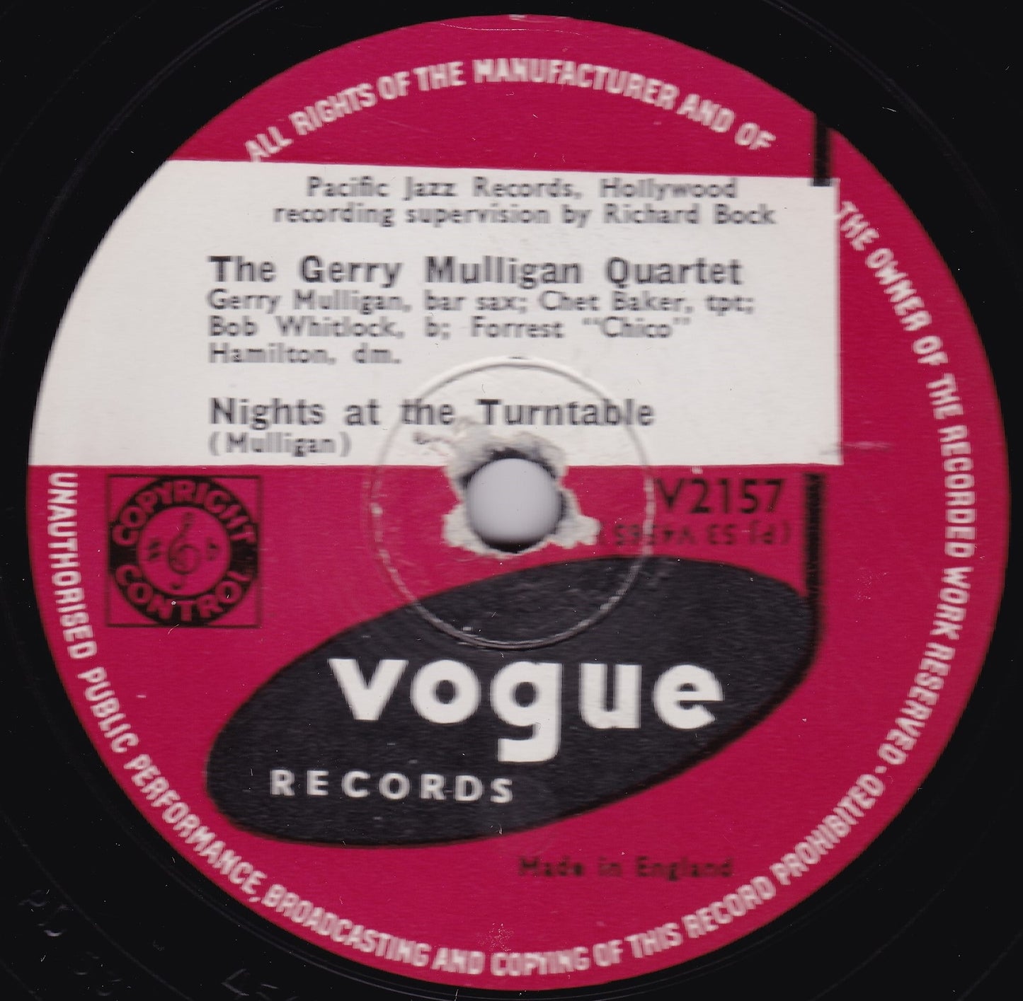 Gerry Mulligan Quartet – Nights At The Turntable (Vogue) 10" shellac VG/-