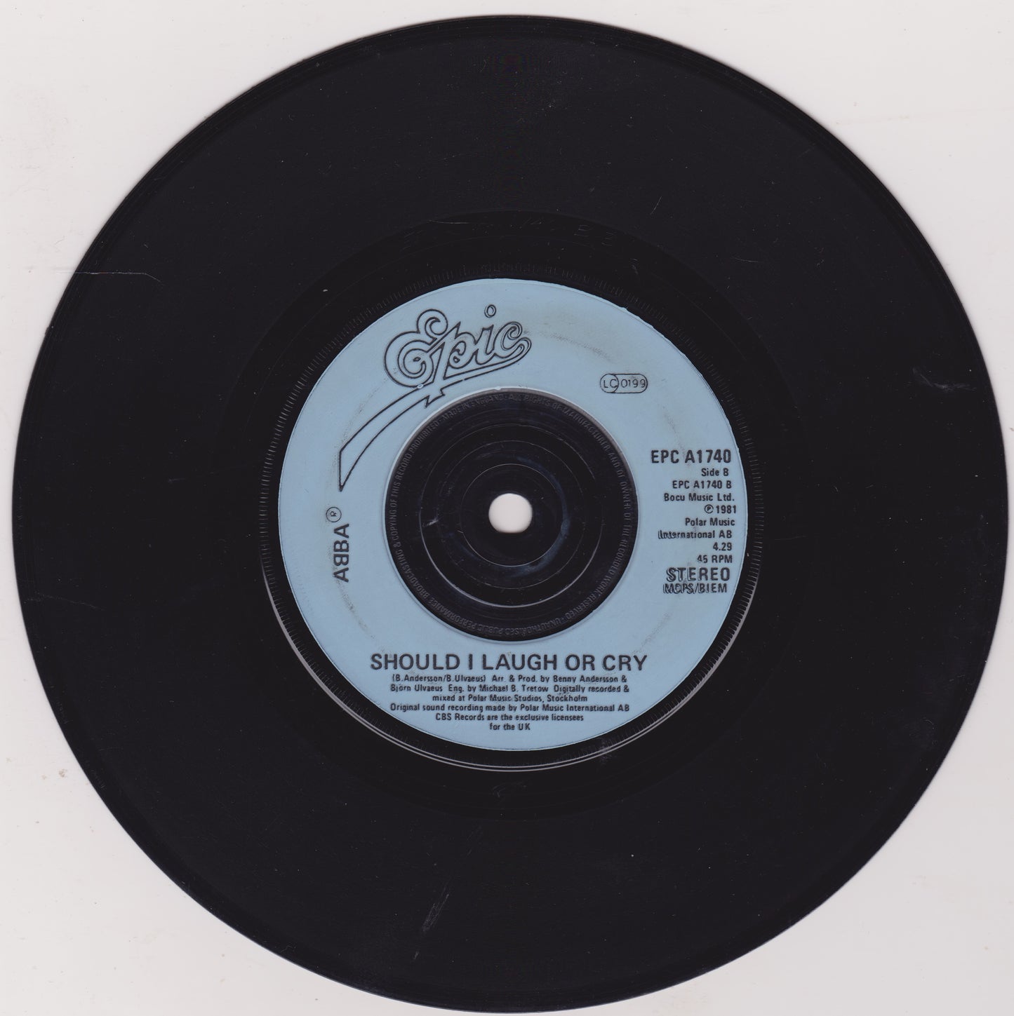 Black vinyl record with a white label featuring 'Epic' and 'ABBA' logos on a white background.