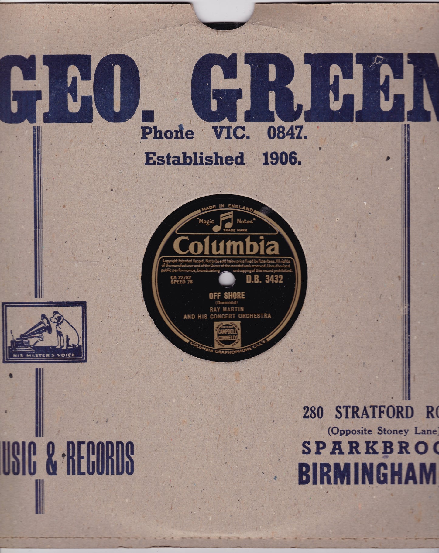 Ray Martin And His Concert Orchestra – Off Shore (Columbia 1954) 10" shellac VG