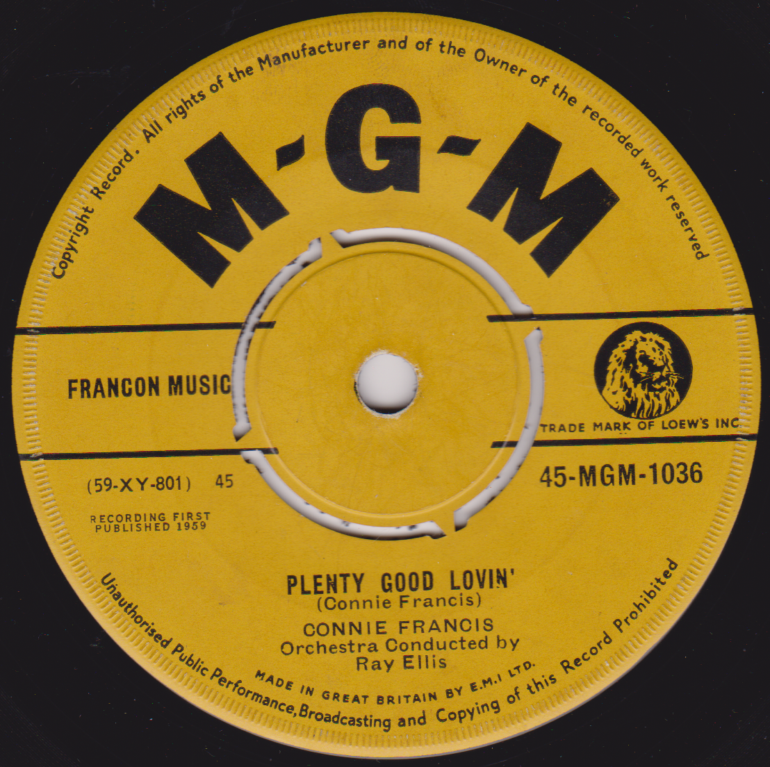 Connie Francis – Plenty Good Lovin' (MGM 1959) 7" vinyl single VG/-