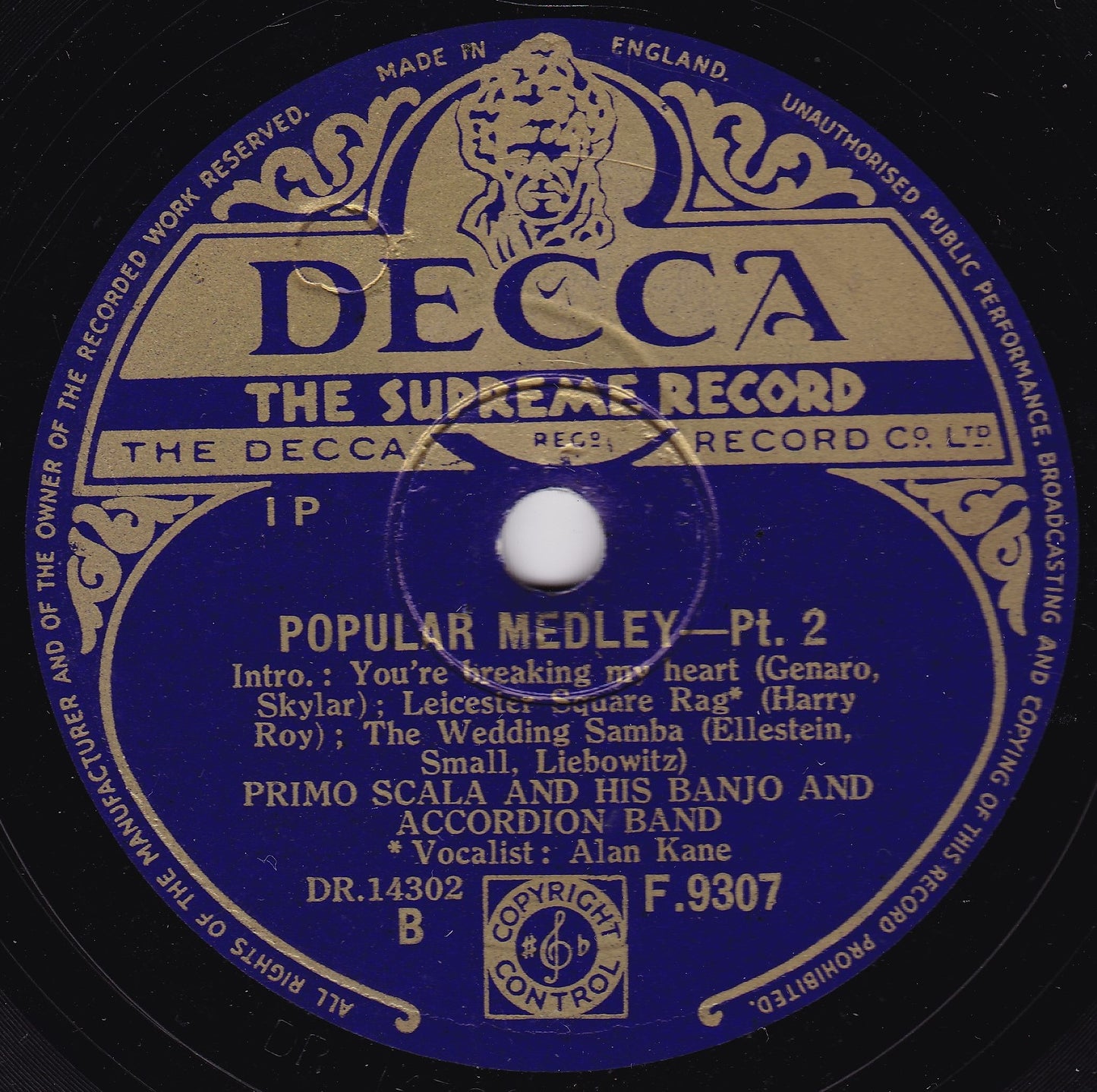 Primo Scala's Banjo & Accordion Band - Popular Medley (1949) 10" shellac VG/-