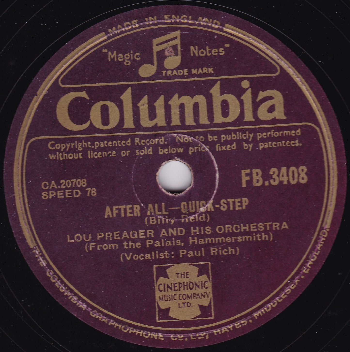 Lou Preager & His Orchestra - Don't Call It Love (Columbia) 10" shellac VG/-