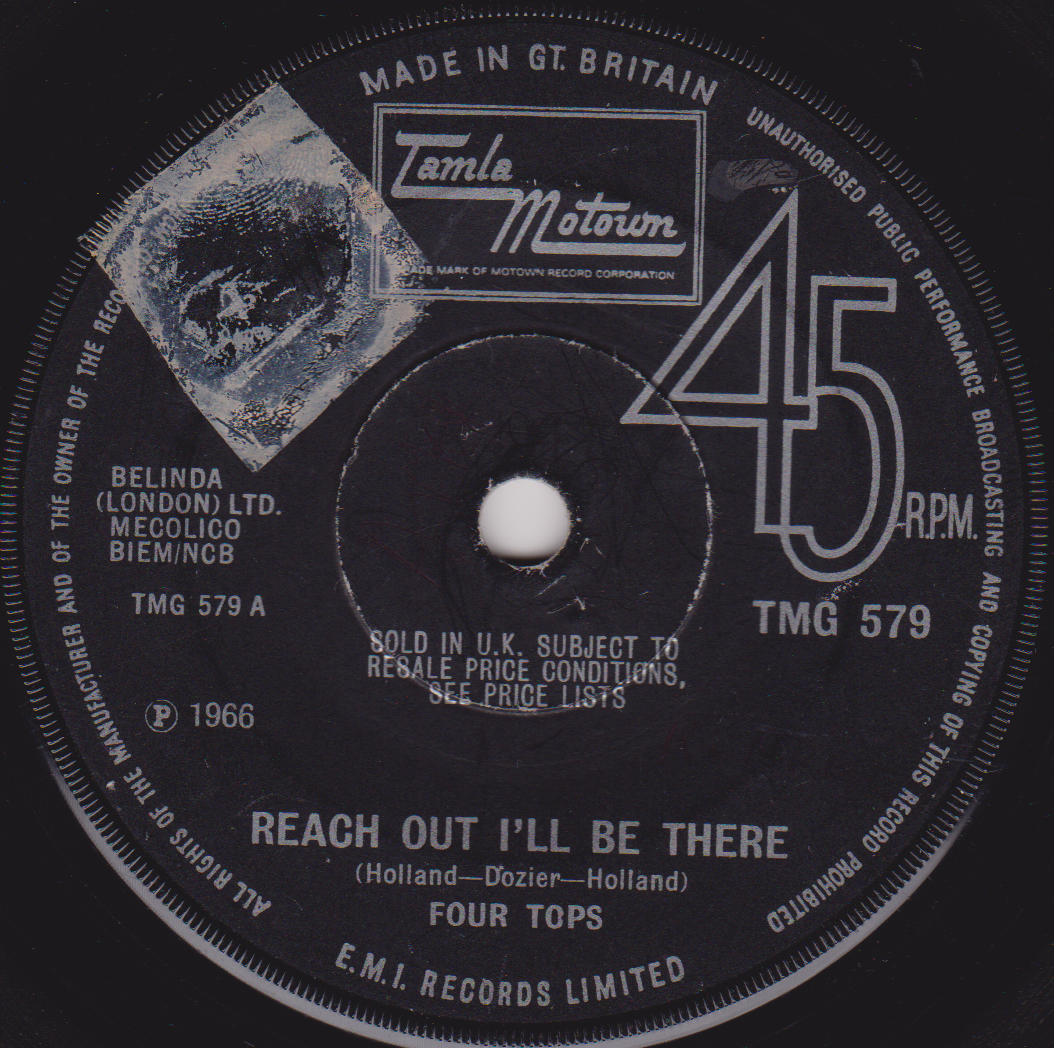 Record label with text and branding on a black background
