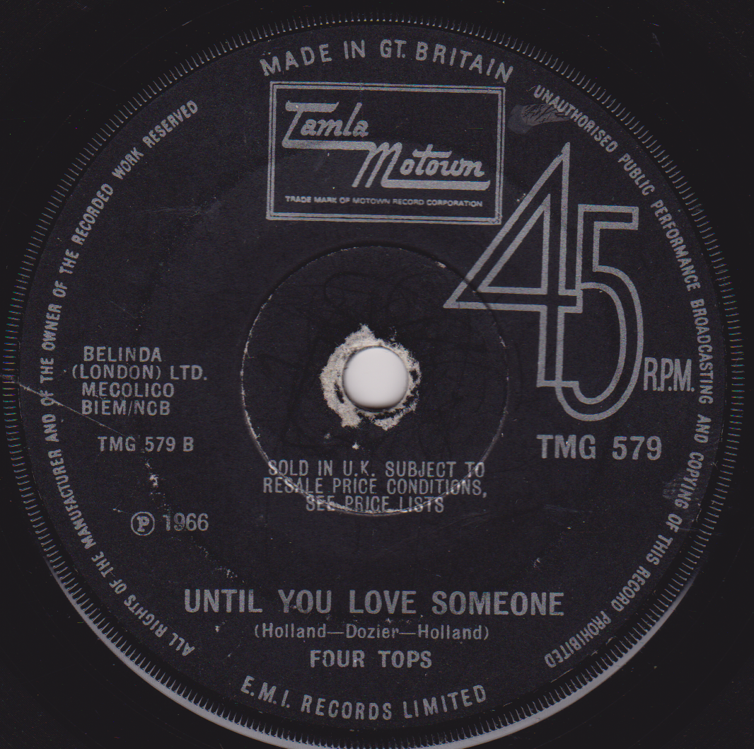 Record label from a Tamla Motown 45 RPM record with text and branding.