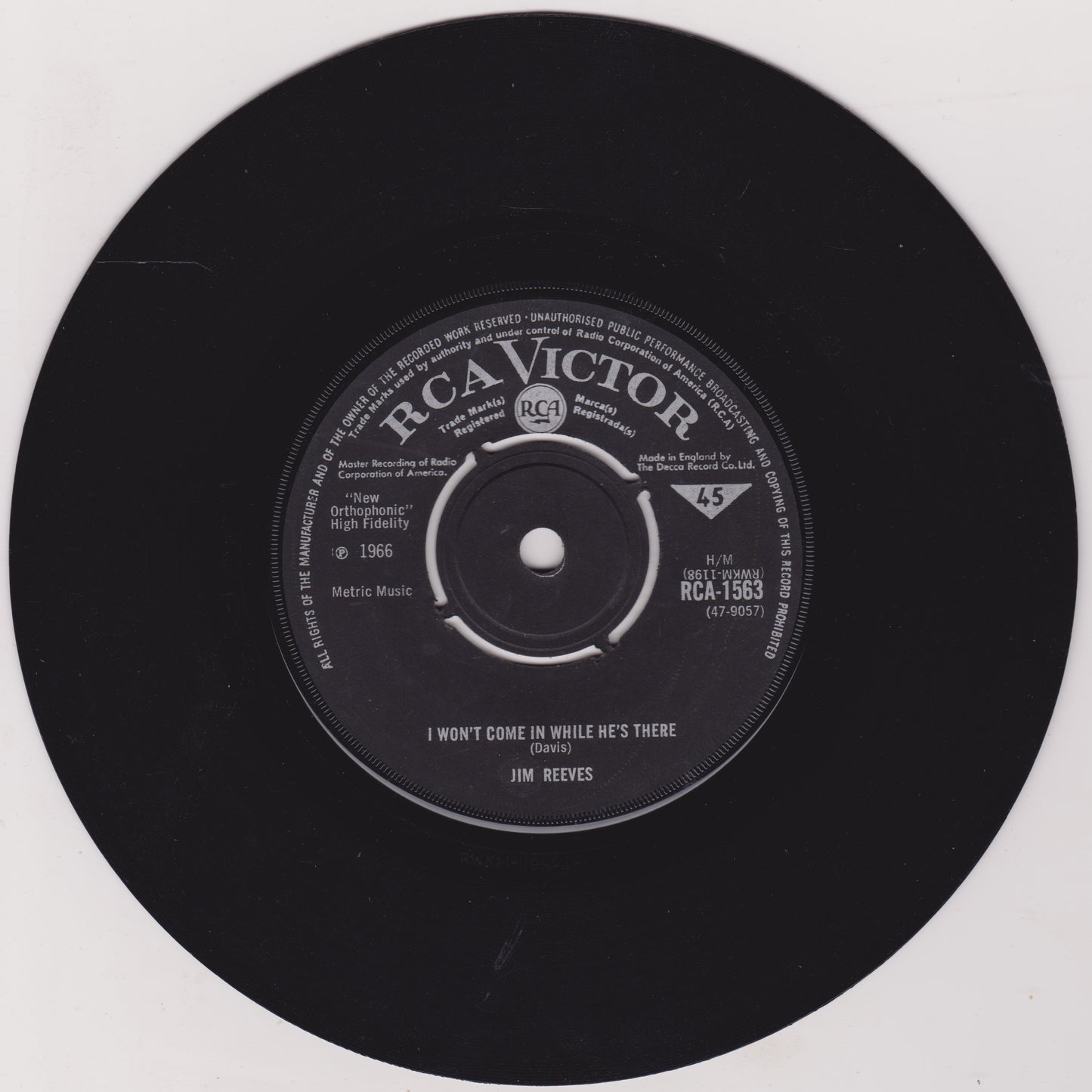 Jim Reeves – I Won't Come In While He's There (RCA 1966) 7" vinyl single VG/-