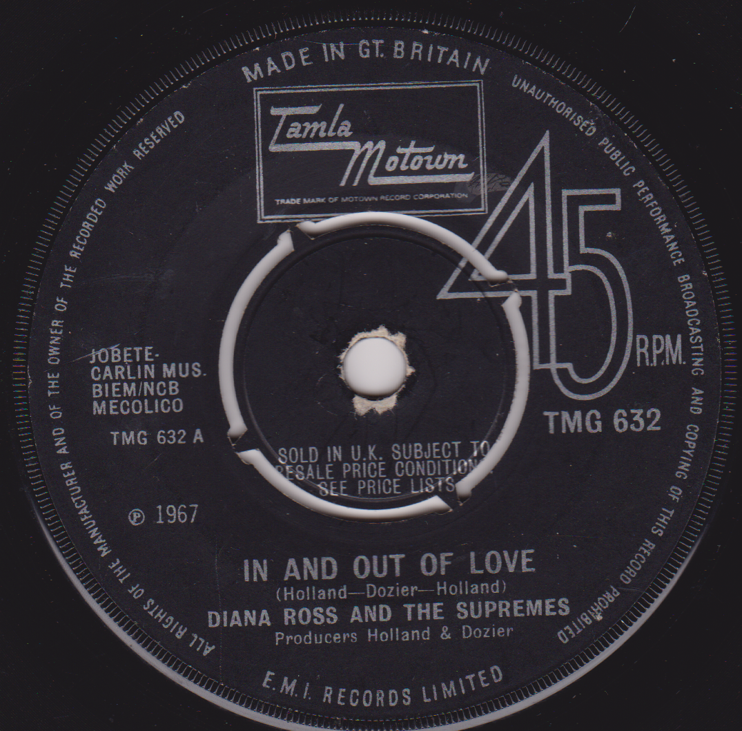Record label for a Diana Ross and The Supremes record titled 'In and Out of Love'.