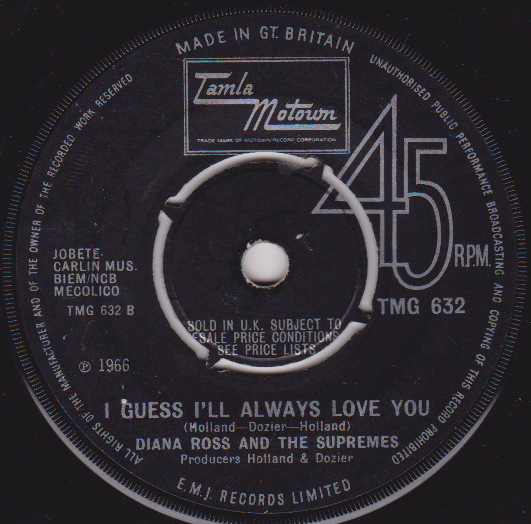 Record label for 'I Guess I'll Always Love You' by Diana Ross and the Supremes with Tamla Motown branding.