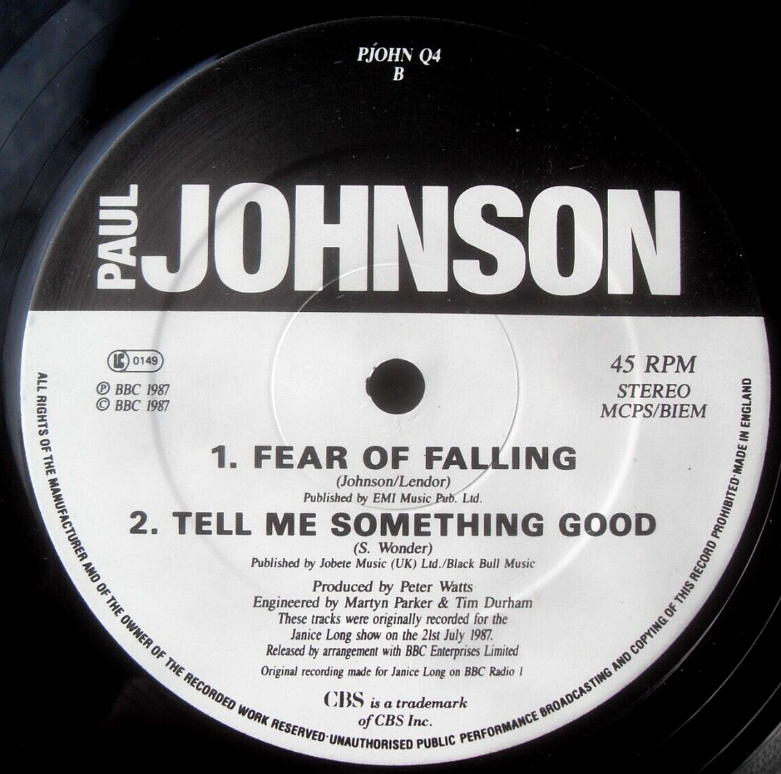 Paul Johnson - Fear Of Falling (CBS 1987) 12" vinyl single ltd ed 4 track VG/VG