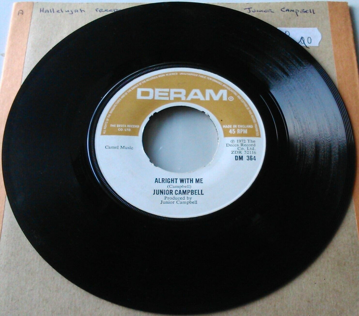 Junior Campbell – Hallelujah Freedom (Deram, 1972) 7" vinyl single VG/- jukebox