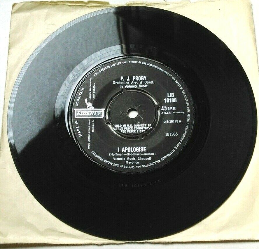 P. J. Proby – I Apologise (Liberty, 1965) 7" vinyl single VG/-