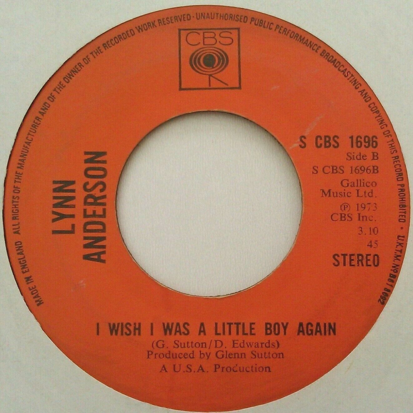 Lynn Anderson – Top Of The World (CBS, 1973) 7" vinyl single VG/- jukebox