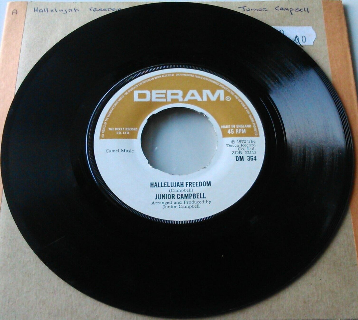Junior Campbell – Hallelujah Freedom (Deram, 1972) 7" vinyl single VG/- jukebox