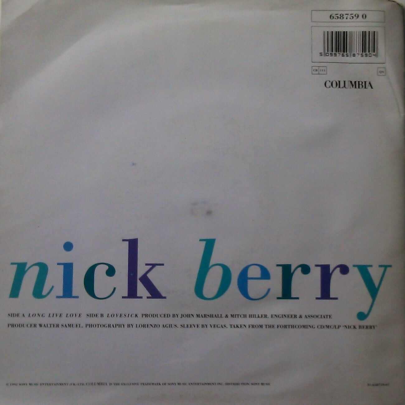 Nick Berry – Long Live Love (Columbia, 1992) 7" vinyl single VG/VG posterbag