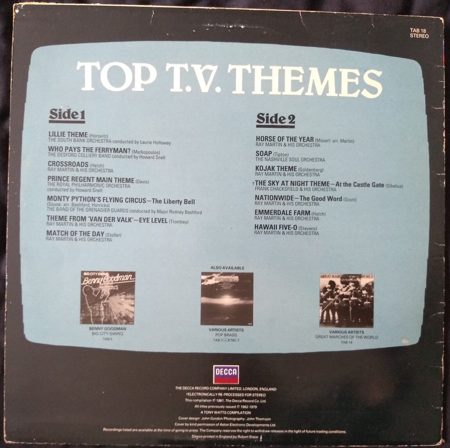 Various – Top T.V. Themes (Decca 1981) 12" vinyl LP VG/VG