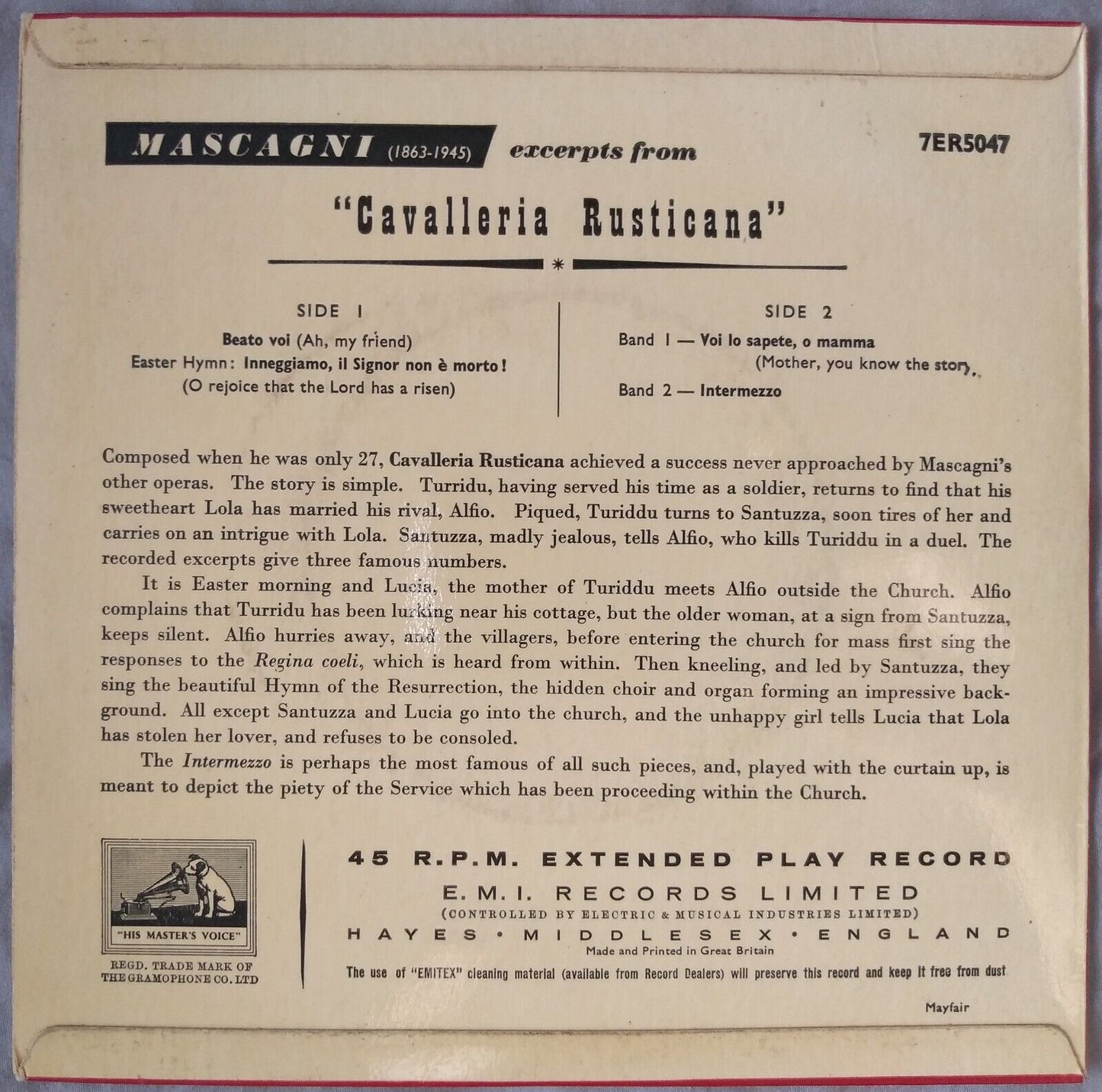 Zinka Milanov – Cavalleria Rusticana (His Master's Voice) 7'' vinyl EP VG/VG