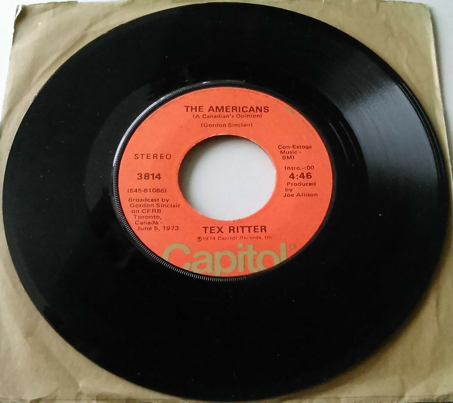 Tex Ritter – The Americans (Capitol, 1974) 7" vinyl US single VG/G