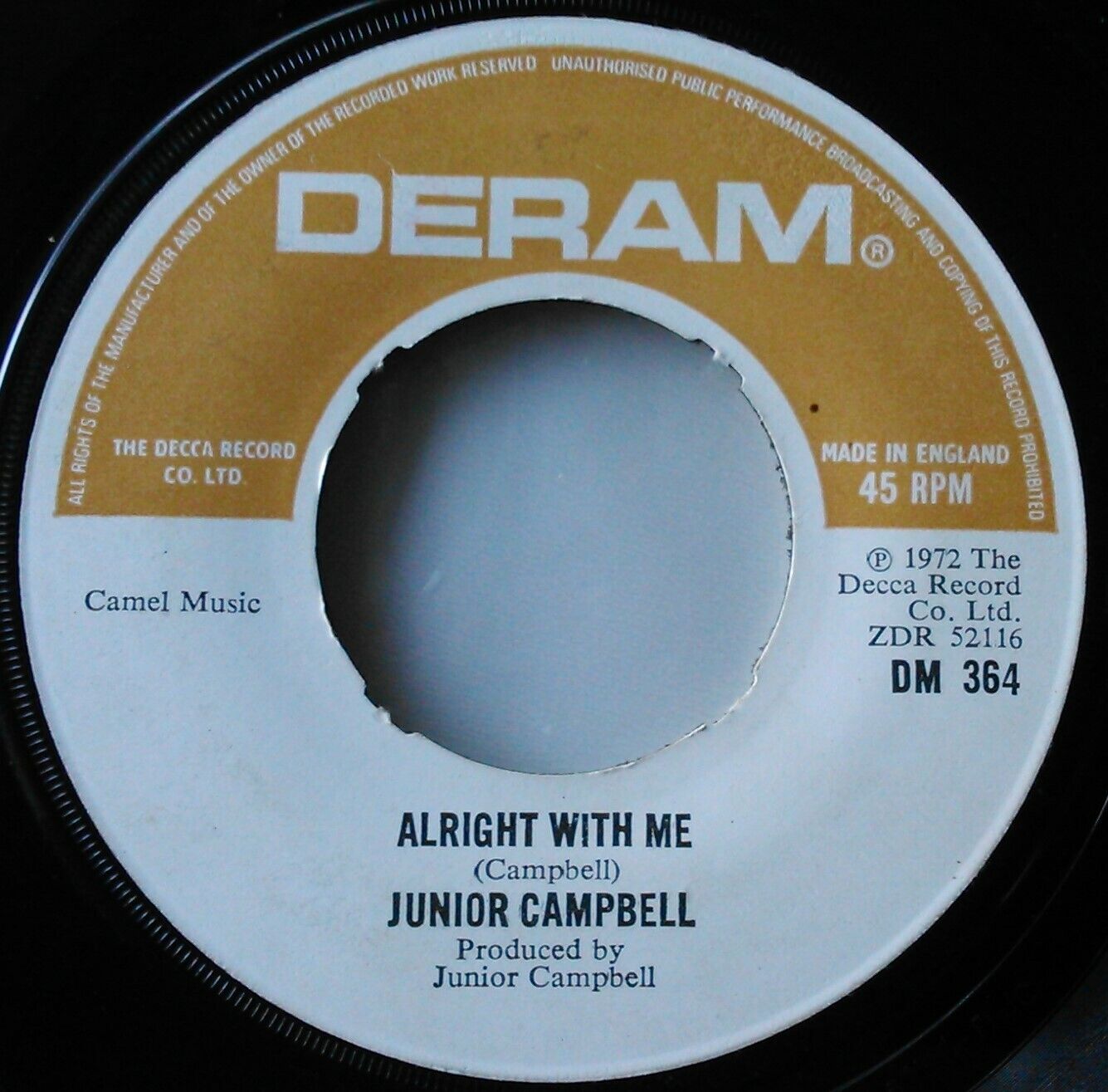 Junior Campbell – Hallelujah Freedom (Deram, 1972) 7" vinyl single VG/- jukebox
