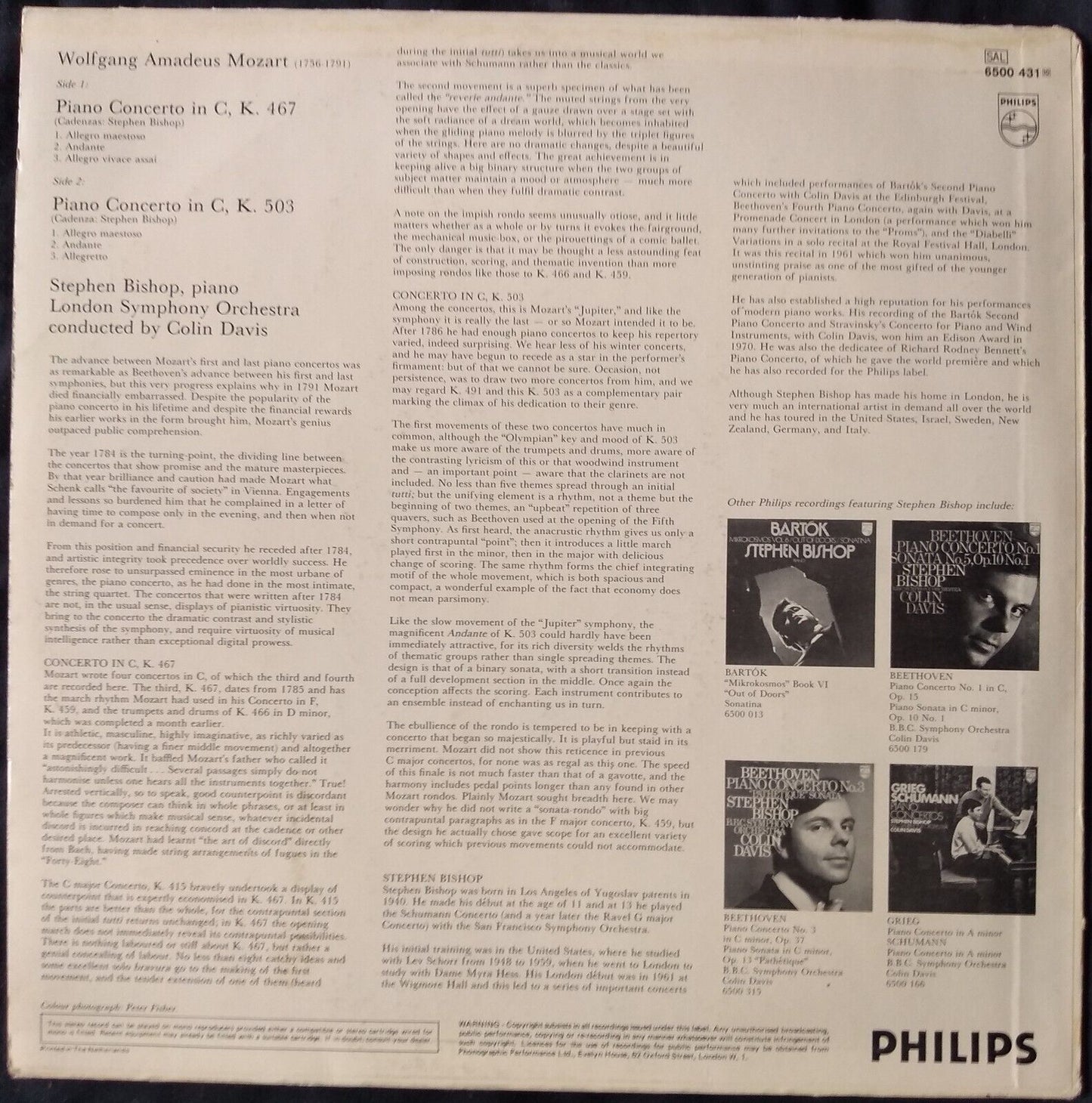 Mozart - Piano Concertos K.467 And K.503 (Philips 1974) 12" vinyl LP VG/VG