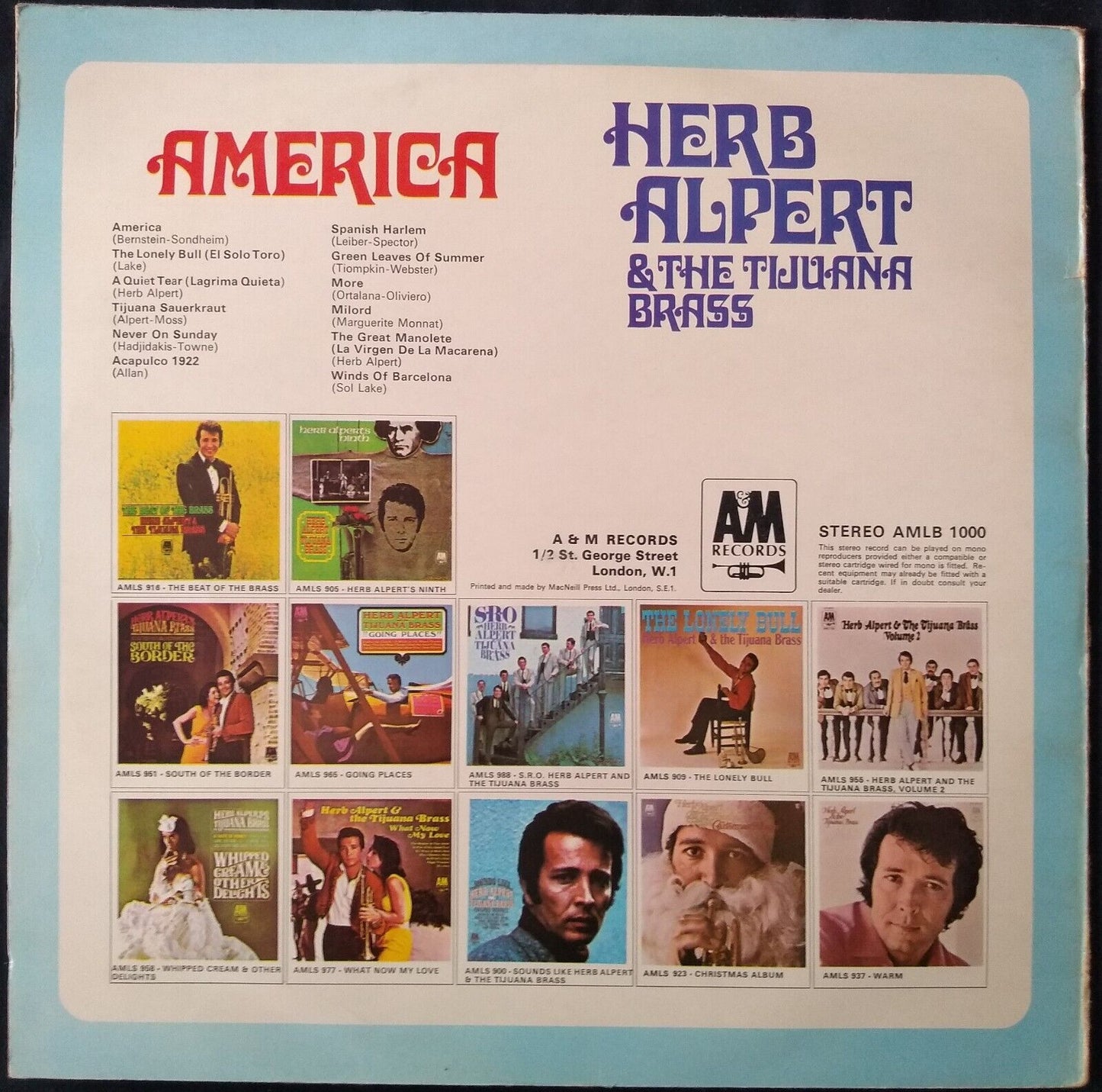 Herb Alpert & The Tijuana Brass – America (A&M) 12" vinyl LP VG/VG
