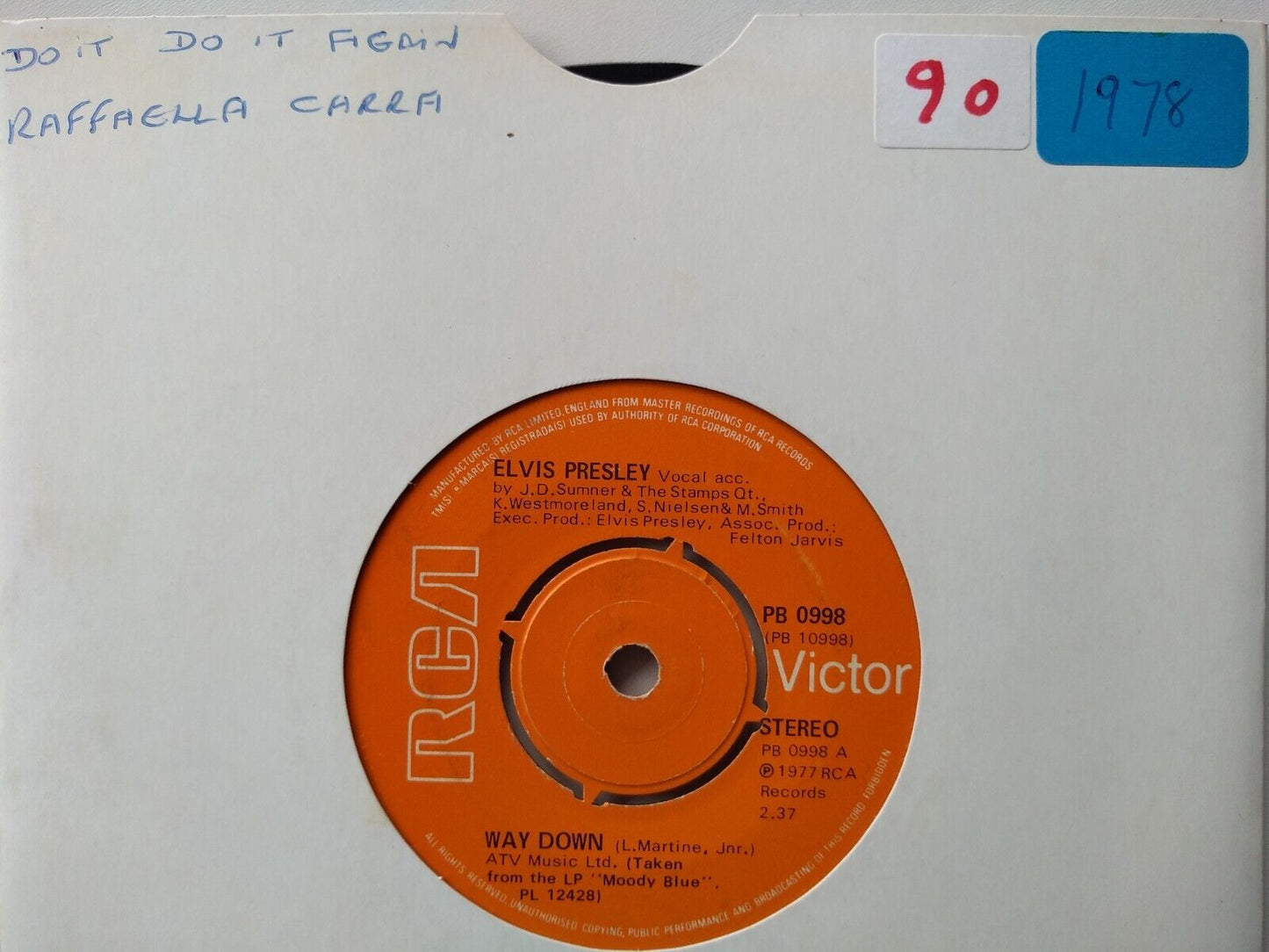 Elvis Presley – Way Down (RCA 1977) 7" vinyl single VG/-