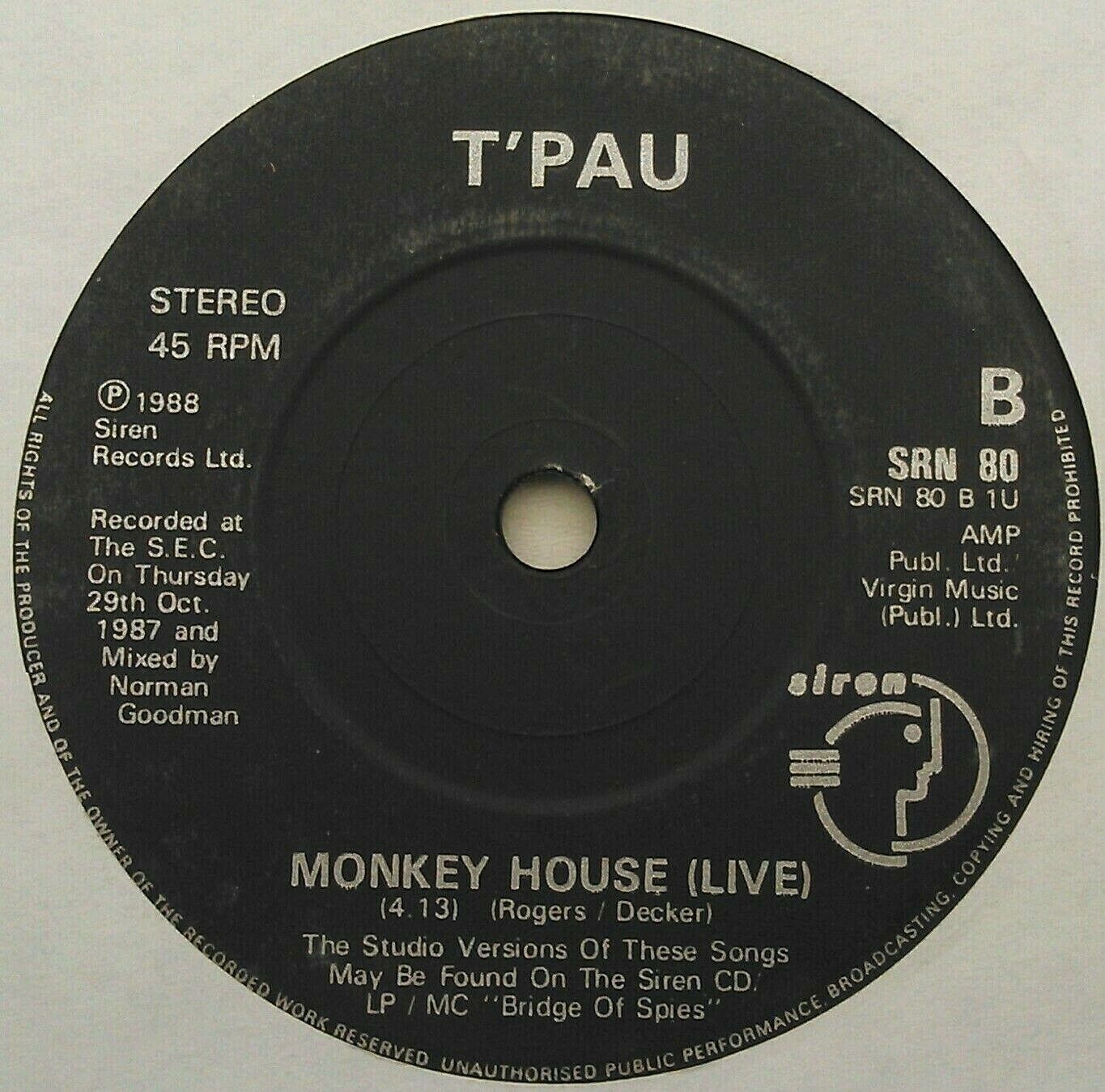 T'Pau – Sex Talk (Live) (Siren, 1988) 7" vinyl single VG/-