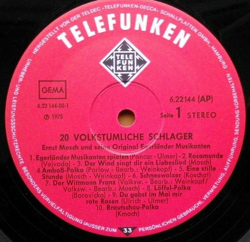 Ernst Mosch - 20 Volkstümliche Schlager (Telefunken, 1975) 12" vinyl LP VG/VG