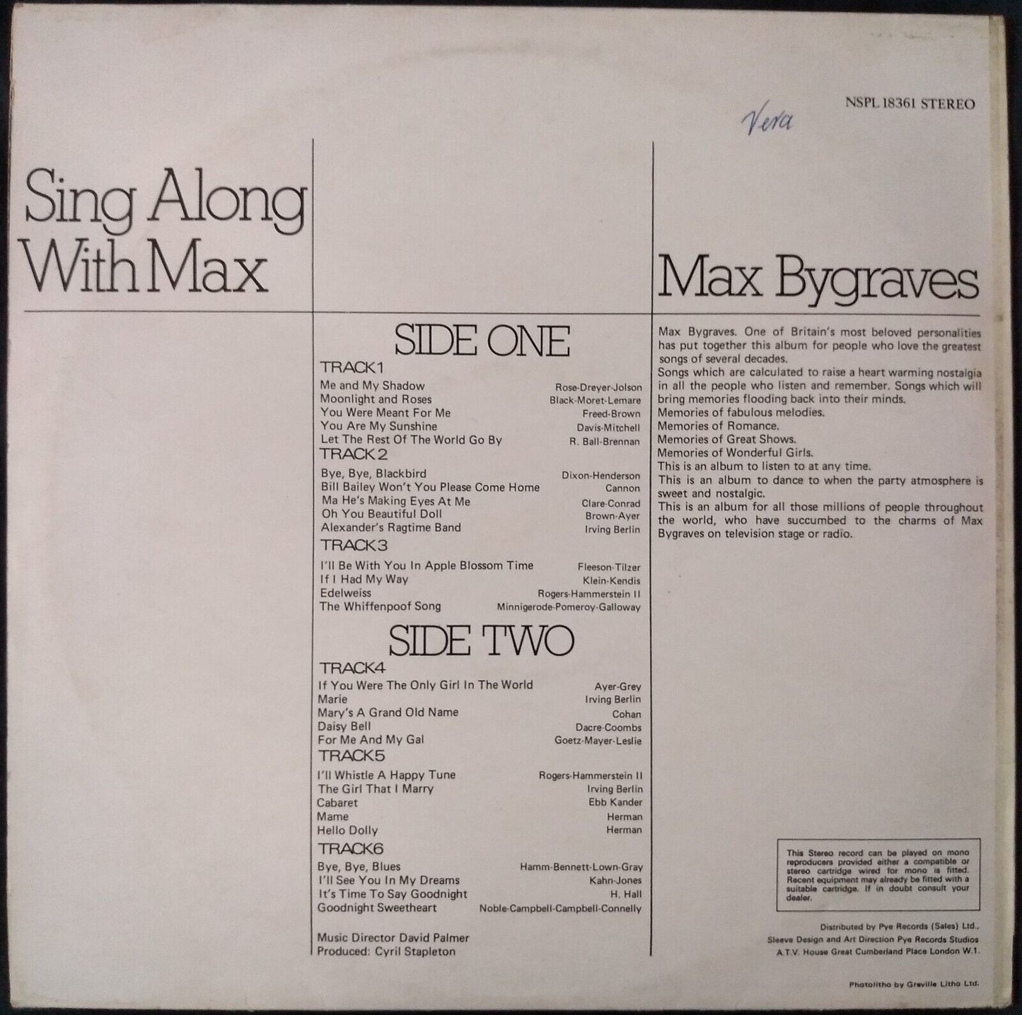 Max Bygraves – Sing Along With Max (Pye 1971) 12" vinyl LP VG/VG