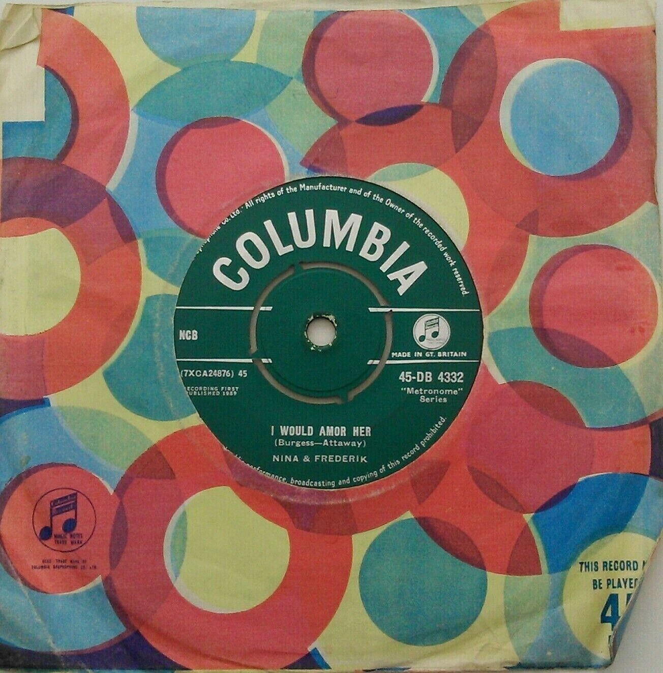 Nina & Frederik – Listen To The Ocean (Columbia, 1959) 7" vinyl single VG/-