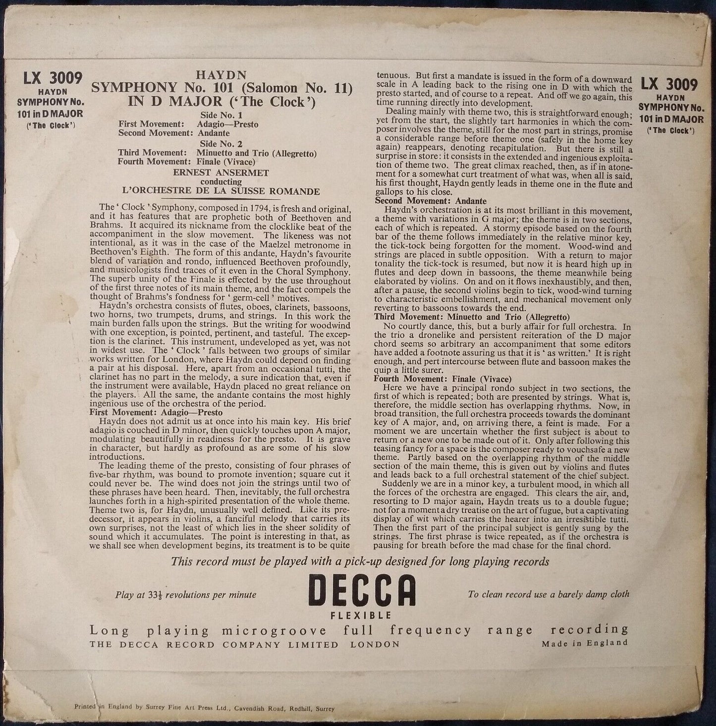 Haydn - Symphony N°.101 "The Clock" (Decca 1949) 10" vinyl LP VG/VG