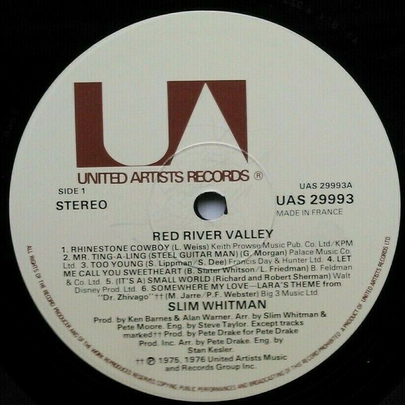 Slim Whitman – Red River Valley (UA, 1976) 12" vinyl LP VG/VG