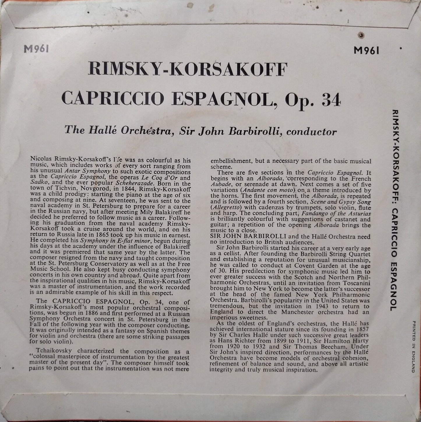 Rimsky Korsakoff, Barbirolli – Capriccio Espagnol (1961) 7" vinyl EP VG/VG